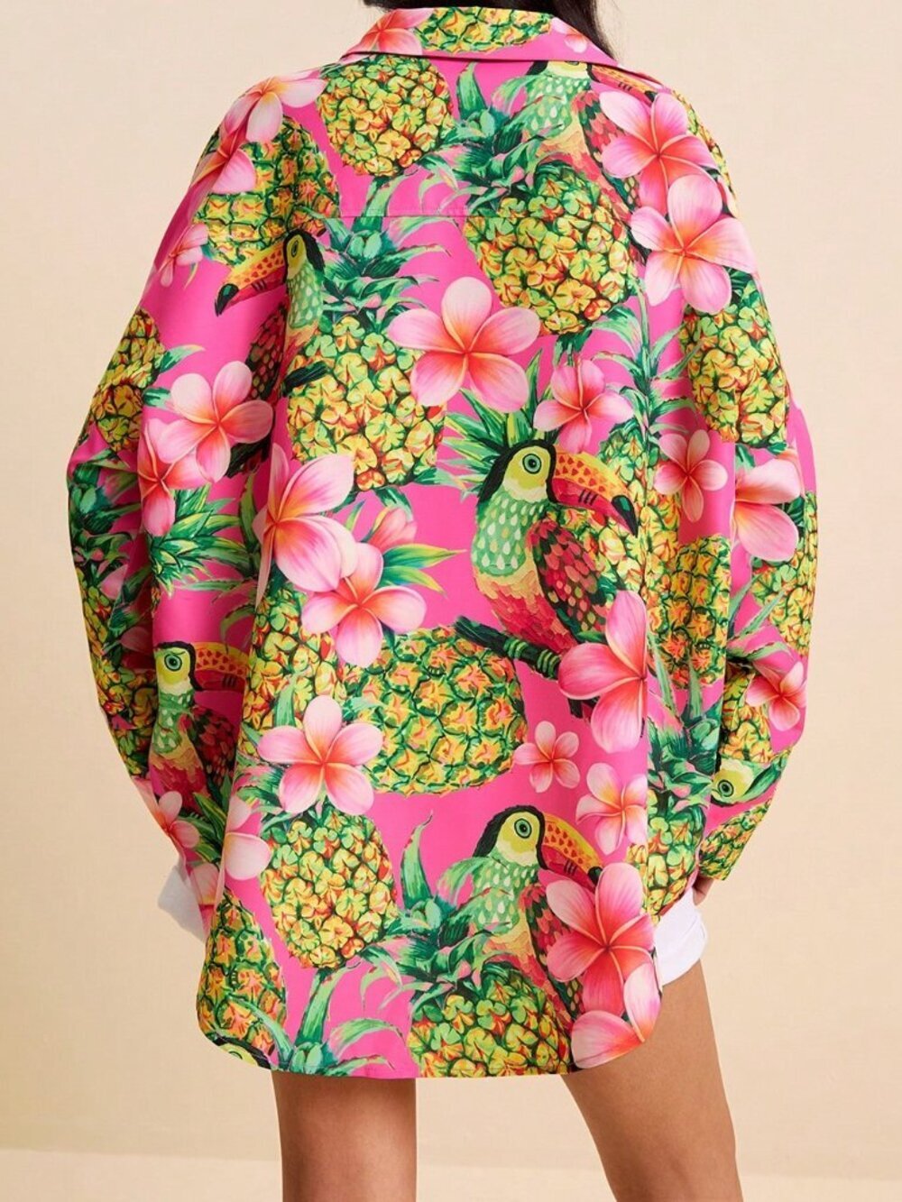 Multicolor Boho Women's Tropical Loose Fit Floral Pineapple Shirt - Picture 2 of 8